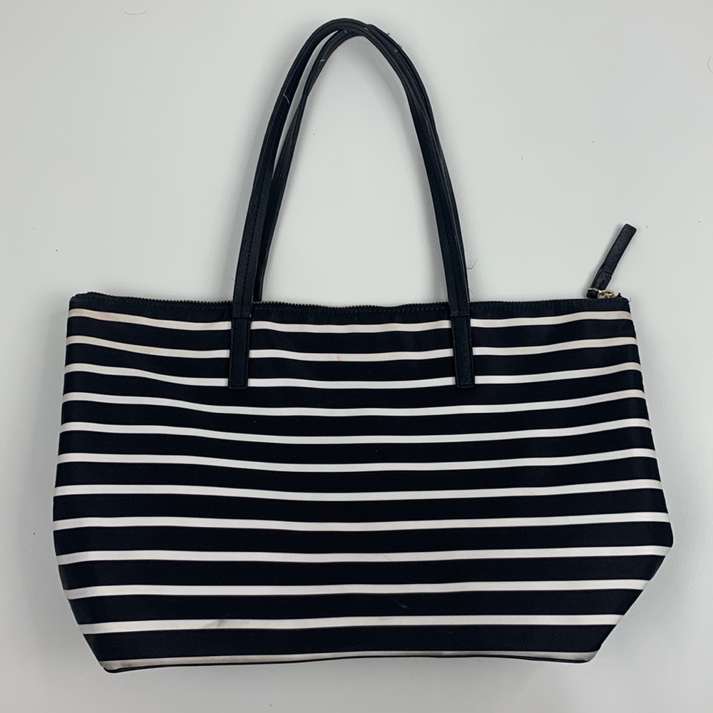 Kate Spade Black White Striped Tote shoulder Bag Gold Zip close Leather straps - Picture 3 of 15